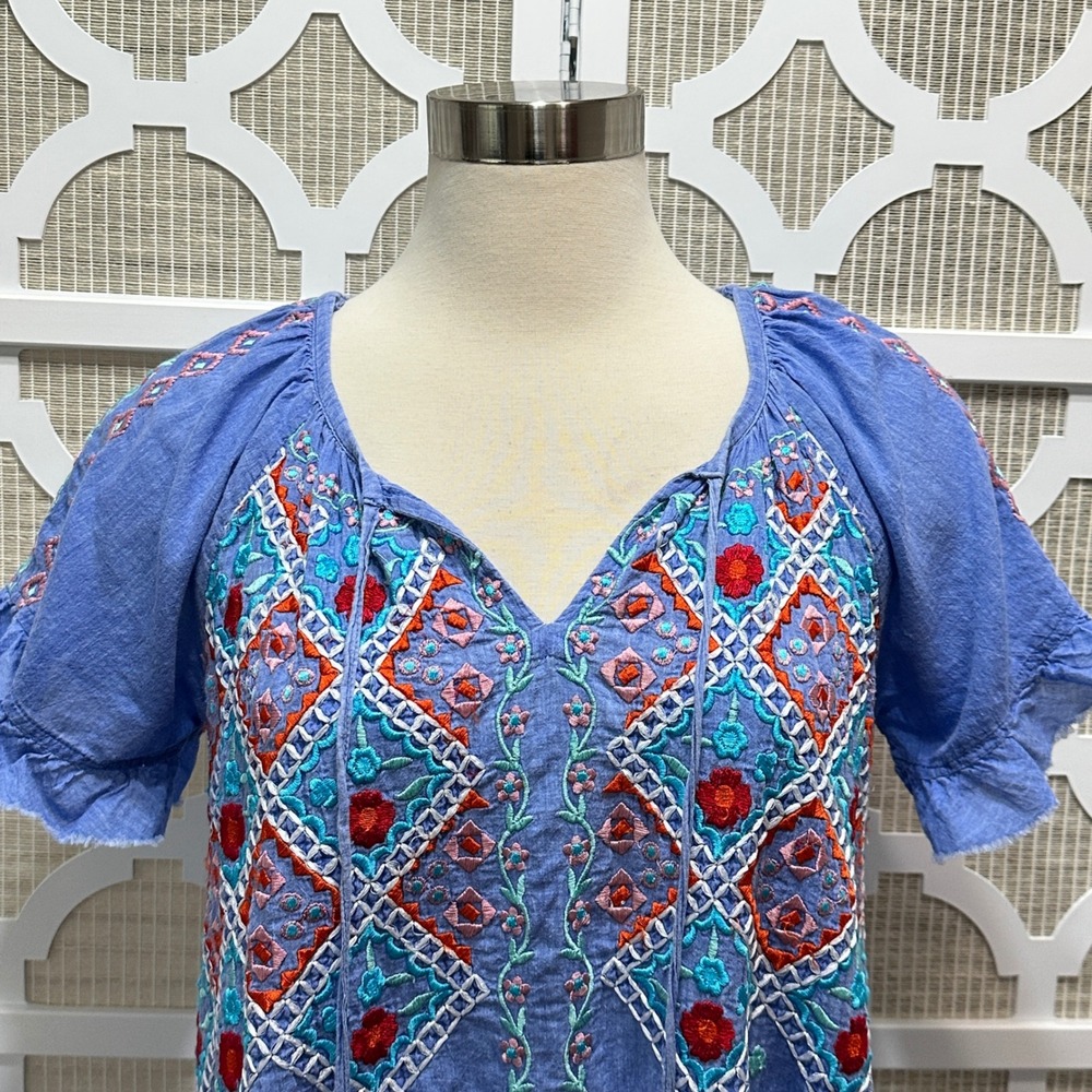 LulaLife Embroidered Dress Womens Small Blue Bohemian Mumu Vacation House Dress - Picture 2 of 13